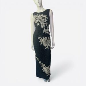 VTG Stenay Black And Cream Heavily Beaded And Sequin Maxi Gown Dress